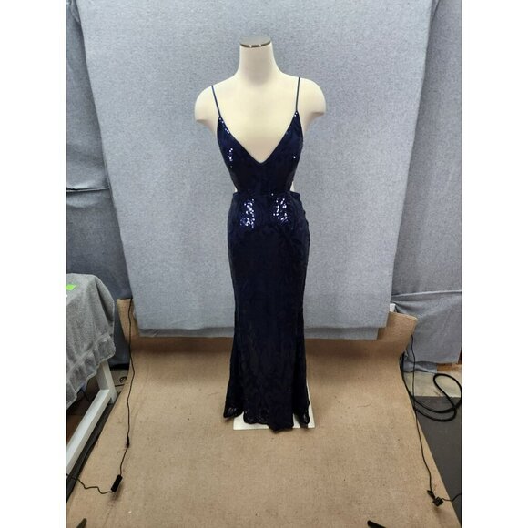 Lulus Navy Blue Sequin Mermaid Gown With Straps & Cut-Out Back  Small - Picture 1 of 5